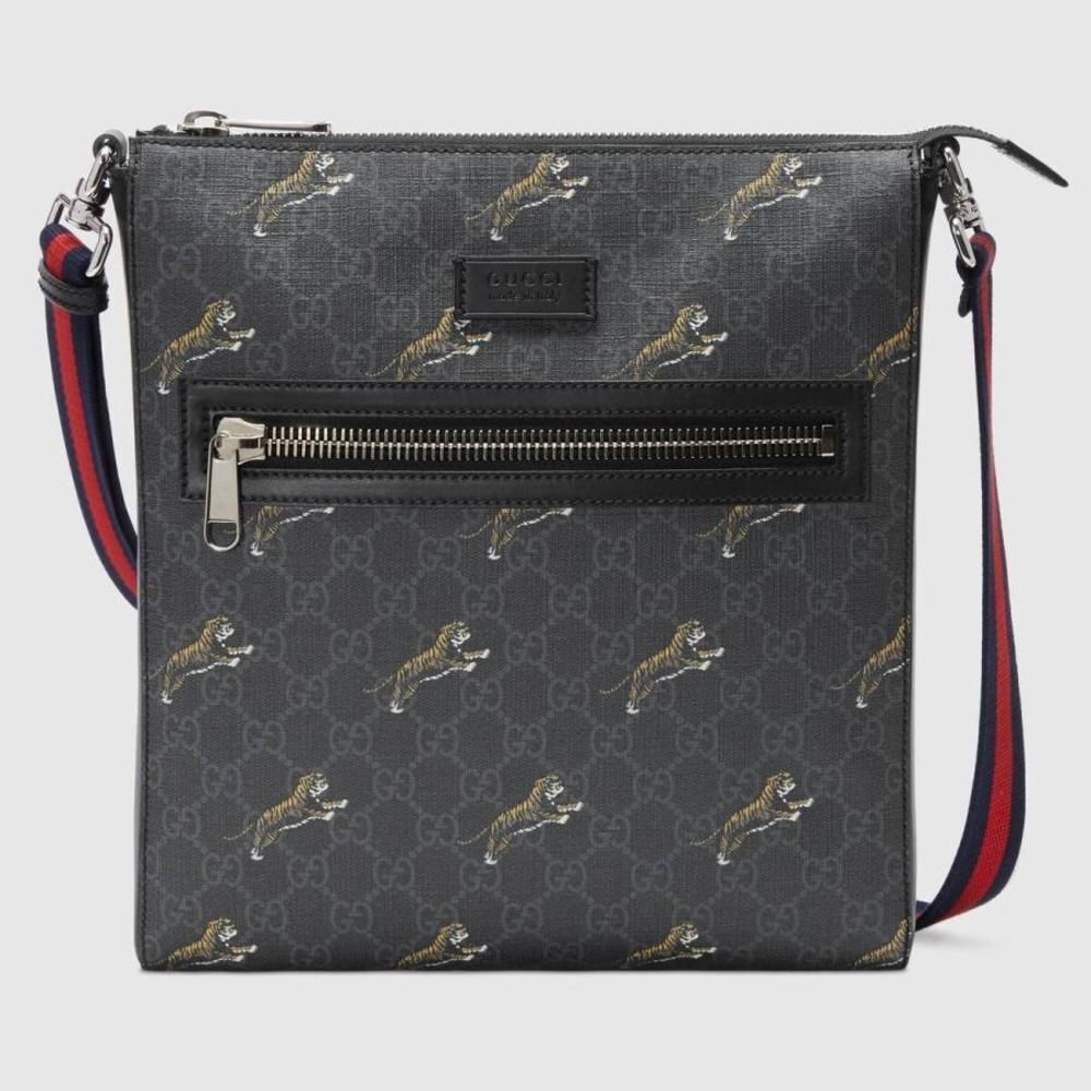 Gucc Shoulder Bag Black Gray Silver Tiger Print Stripe Canvas Leather